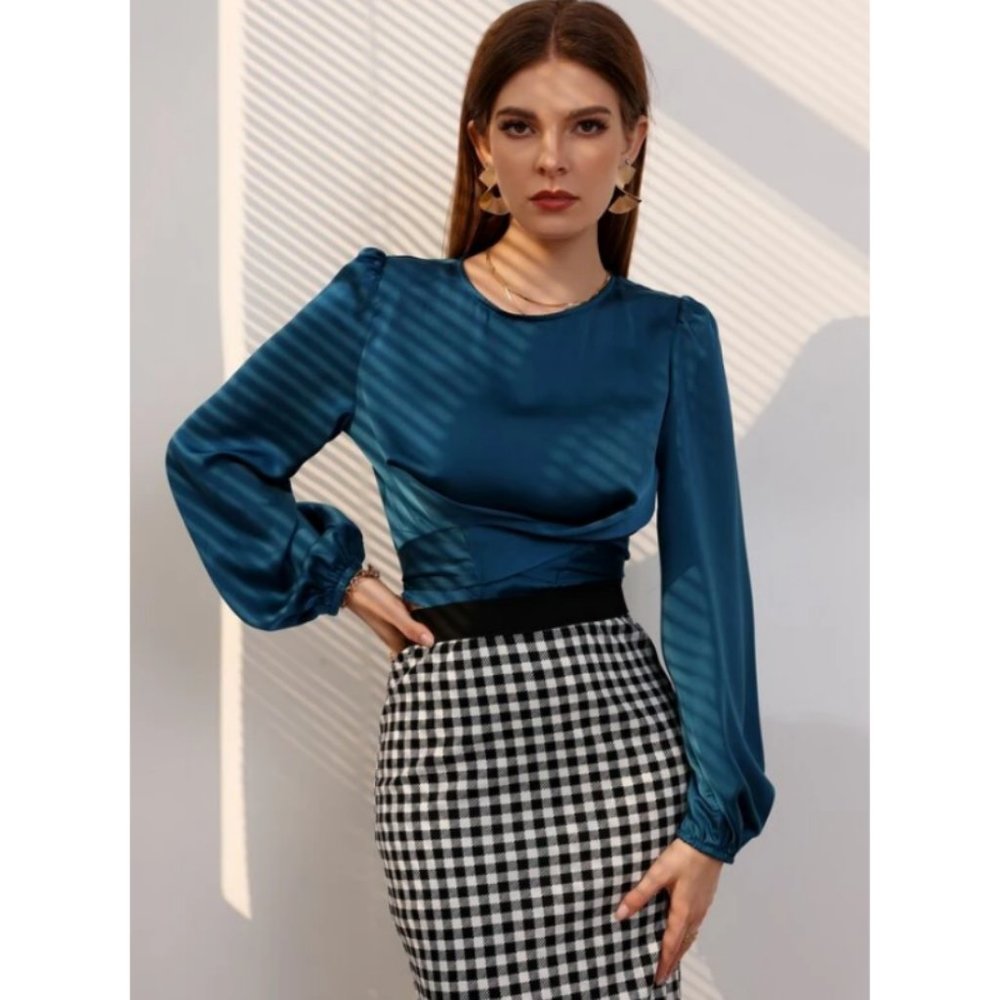 SHEIN Teal Blue Criss Cross Round Neck Blouse